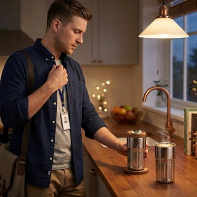 Mug isotherme en métal dégageant de la vapeur sur un comptoir en bois.
