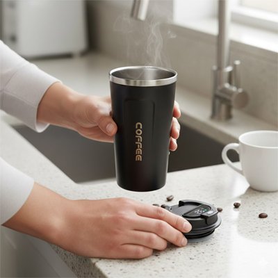 Mug isotherme entrain d'être rempli d'une  boissons chaude en déplacement.