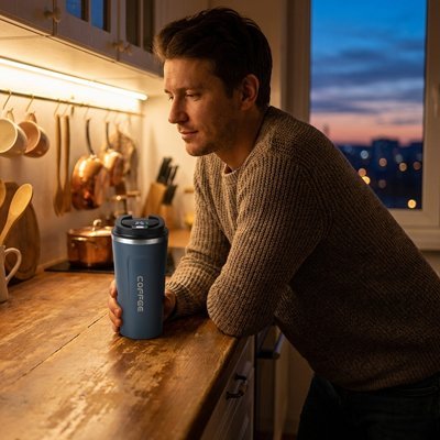 Mug isotherme moderne utilisé dans une cuisine cosy 