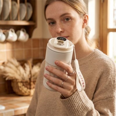 Mug isotherme Mug isotherme blanc tenu devant une machine à café dans une cuisine organisée.