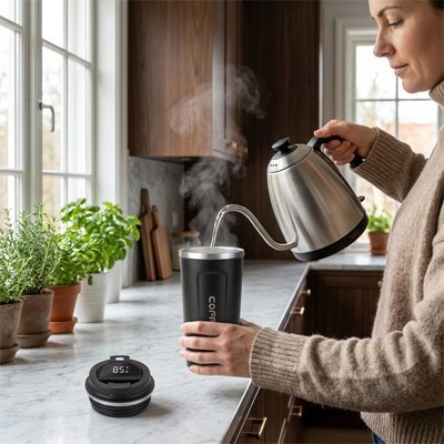 Mug isotherme noir rempli d’eau chaude dans une cuisine moderne