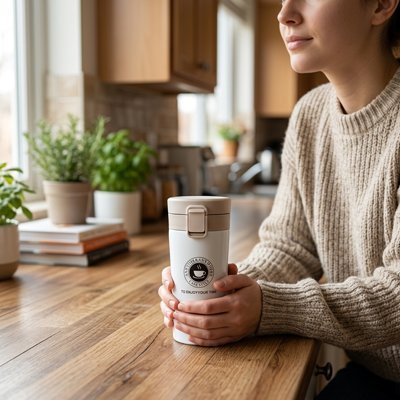 Mug-isotherme tenu par une personne assise devant un comptoir de cuisine 