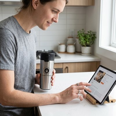 Mug-isotherme tenu par une personne en train de lire une recette 