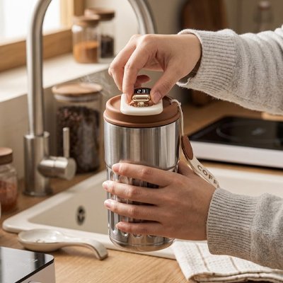 Mug isotherme utilisé pour emporter une boisson chaude avant de partir. 
