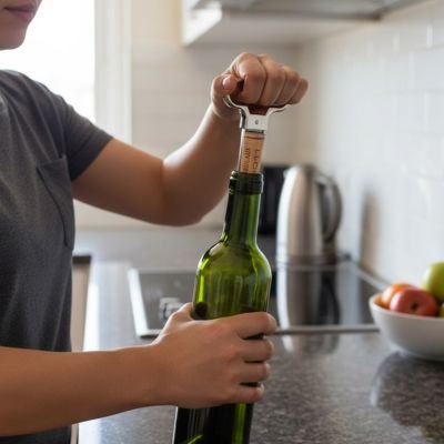 Ouvre bouteille en métal posé sur une table dans un décor lumineux.