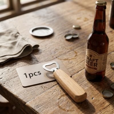 Ouvre bouteille en métal posé sur une table près d’une bouteille de bière.