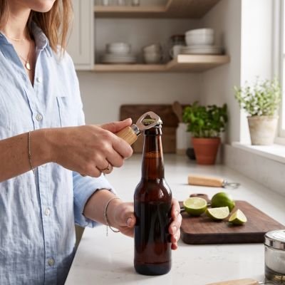 Ouvre bouteille en métal utilisé pour décapsuler une bouteille en cuisine.