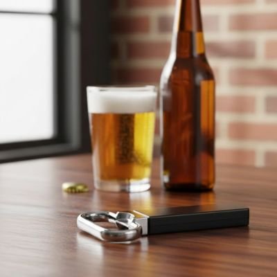 Ouvre bouteille métallique reposant sur une surface en bois devant un verre.