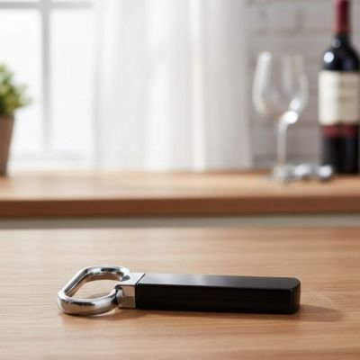 Ouvre bouteille noir posé sur une table près d’une bouteille de vin.