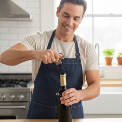 Ouvre bouteille tenu par une personne pour déboucher une bouteille en cuisine.