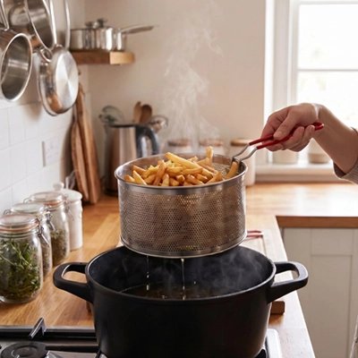 Passoire en acier inoxydable avec panier profond, idéale pour retirer et égoutter les aliments.