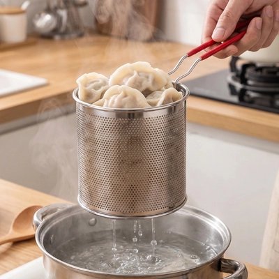 Passoire en acier inoxydable remplie d’aliments, tenue au‑dessus d’un pot d’eau chaude.