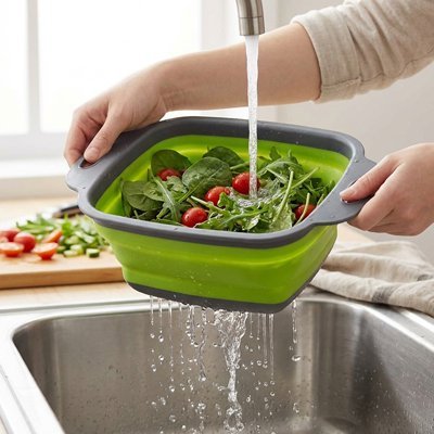 Passoire pliable utilisée pour rincer des fruits frais au-dessus de l’évier.