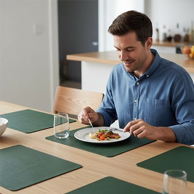 Personne en train de manger à une table en bois avec un set de table vert et une assiette de repas.