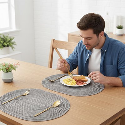  personne entrain d'utiliser un Set de table placé sous une assiette de petit déjeuner 