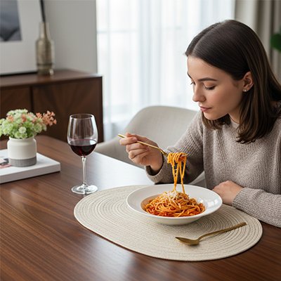 personne mangeant des spaghettis dans un plat posé sur un set de table ovale