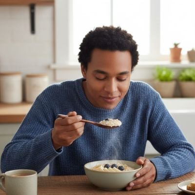  Personne mangeant un bol d’avoine chaud avec une cuillère à soupe en bois dans une cuisine lumineuse.