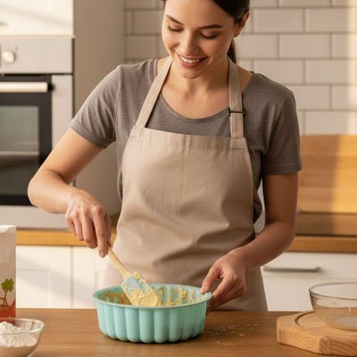 personne préparant de la pate dans un moule à gâteau silicone 