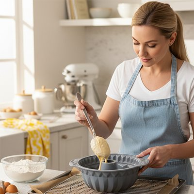 personne remplissant un moule à kouglof avec de la pâte à gâteau 