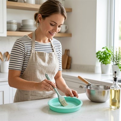 personne souriante entrain d'huiler un Moule a manqué pour la préparation d'un gâteau. 