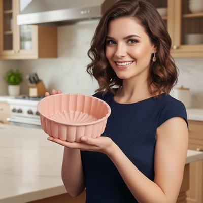 personne souriante tenant dans ses mains un moule à gâteau en  silicone 