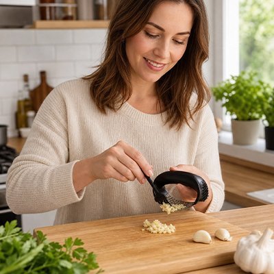 Personne souriante utilisant un presse ail devant une planche a découper  dans une cuisine moderne 