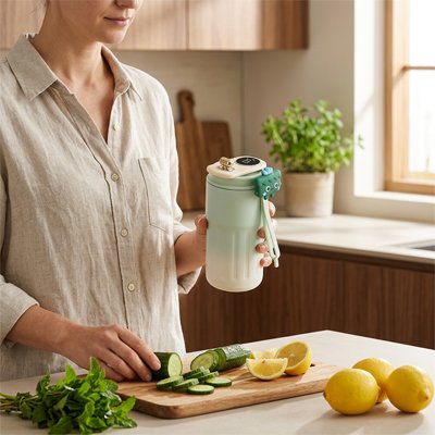 personne tenant un Mug isotherme dans une cuisine bien aménagée et lumineuse 
