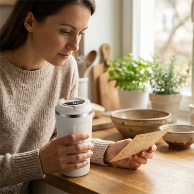 personne tenant un mug isotherme de couleur blanche en lisant un pense-bête 