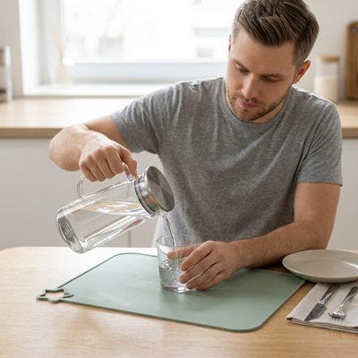 personne versant de l'eau dans un verre posé  sur un Set de table 
