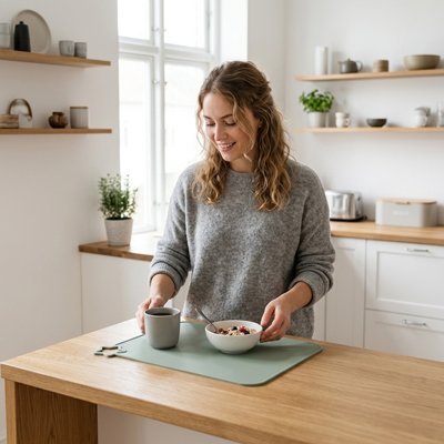 Petit‑déjeuner servi sur set de table en bois cuisine lumineuse. 