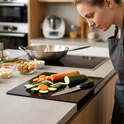 Planche a decouper de couleur noir près d'un lave vaisselle avec des carottes et des concombres 