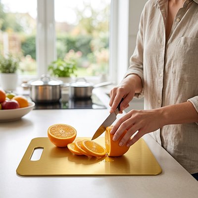Planche à découper dorée élégante, ajoutant une touche décorative à la cuisine.