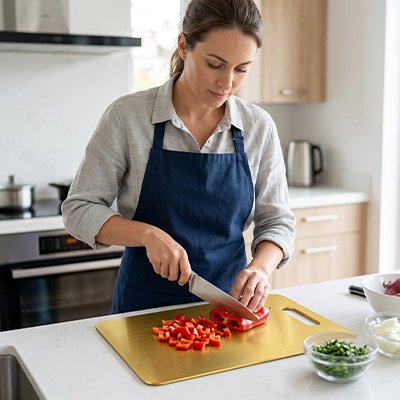 Planche à découper dorée métallique, utilisée pour la préparation des aliments