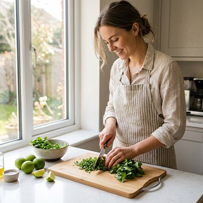 Planche à découper en bois employée pour couper des légumes à côté des citrons verts