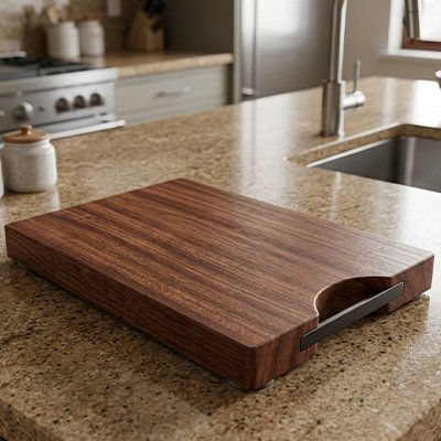 Planche à découper en bois posée sur un comptoir en granit dans une cuisine moderne.