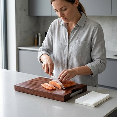 Planche à découper en bois sombre servant à couper des morceaux de saumon dans une cuisine moderne.