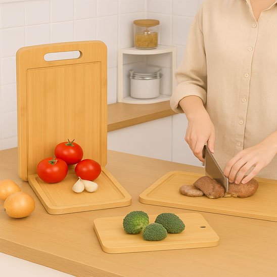 Planche à découper en bois utilisée pour trancher des champignons frais dans une cuisine moderne.