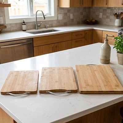 Planche à découper en bois utilisée pour trancher un concombre sur un comptoir de cuisine.