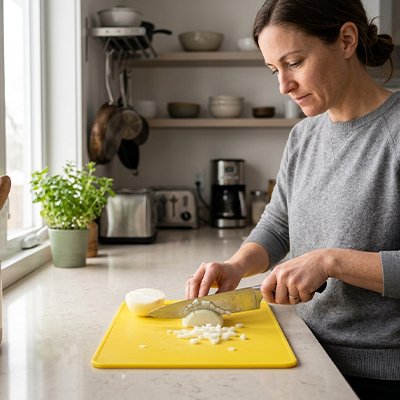Planche à découper en plastique posée sur un comptoir, servant à préparer des légumes.r