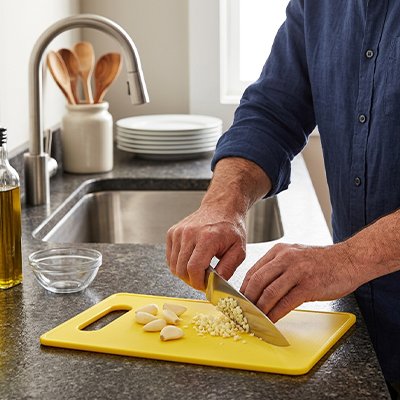 Planche à découper en plastique résistante, en pleine préparation culinaire.