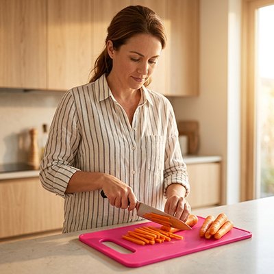 Planche à découper en plastique rose utilisée pour couper des tomates.