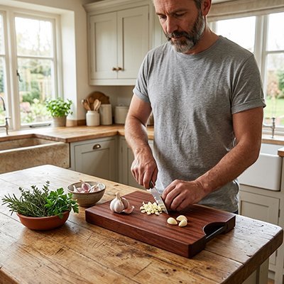 Planche à découper foncée utilisée pour trancher du saumon frais sur un comptoir de cuisine
