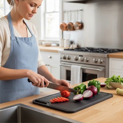 Planche à découper hygiénique entourée de légumes frais en cuisine lumineuse 