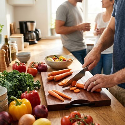 Planche à découper large en bois servant de surface de préparation dans une cuisine plein de légumes 