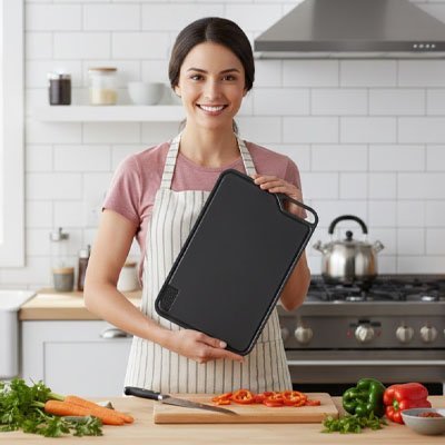 Planche à découper moderne avec poignée, idéale pour la préparation des aliments.