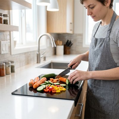 Planche a decouper posé sur une paillasse avec plein de légumes dessus 