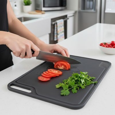 Planche à découper pratique mise en scène avec ingrédients frais en cuisine 