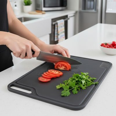 Planche à découper pratique mise en scène avec ingrédients frais en cuisine 