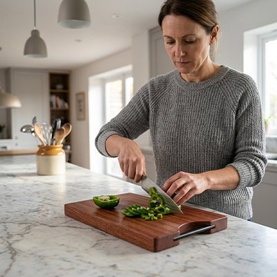 Planche à découper rectangulaire en bois utilisée pour préparer les aliments sur un plan de travail