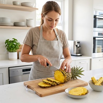 Planche à découper rectangulaire utilisée pour préparer des tranches d’ananas près d’un bol.